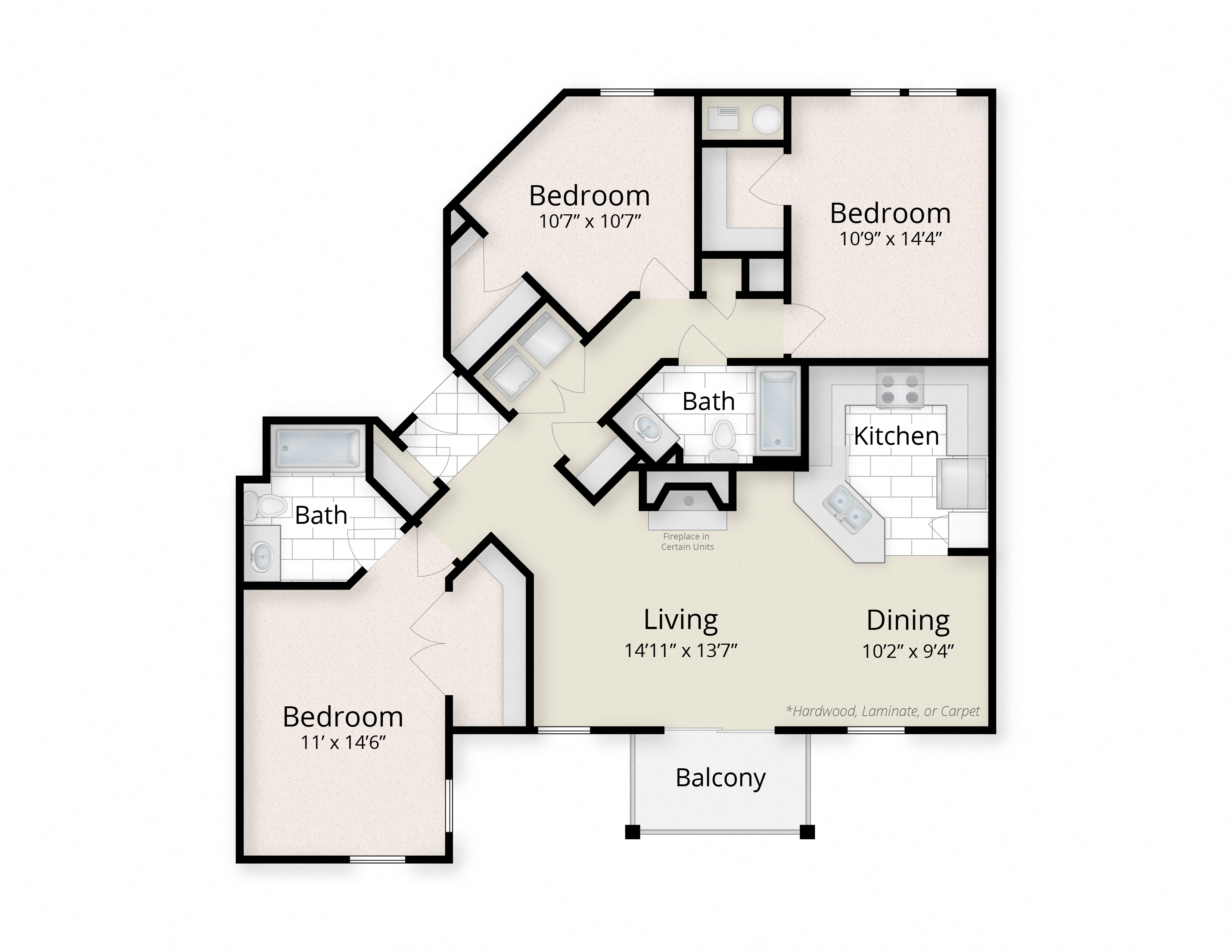 Floor plan for 3 beds, 2 baths, 1292 sqft